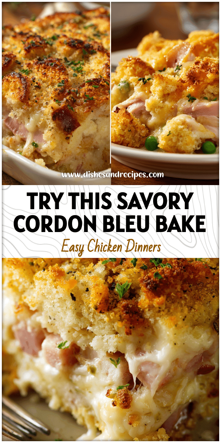 Baked Chicken Cordon Bleu Casserole topped with golden Stove Top stuffing crumbs and melted cheese